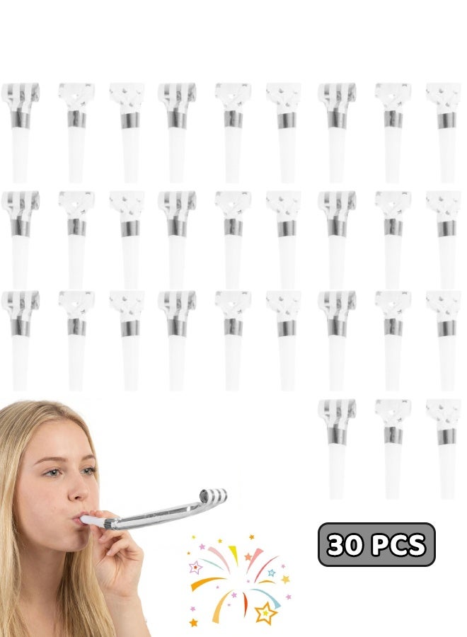 30Pcs Party Blowers, Party Blowers for Kids, Party Blowouts, Party Noise Makers Horns, Whistles with Automatic Roll-out, Birthday Blowers, Noisemakers Blow Horns Party Whistles Favors for Birthday, New Years Events (Silver/White) - Image 1